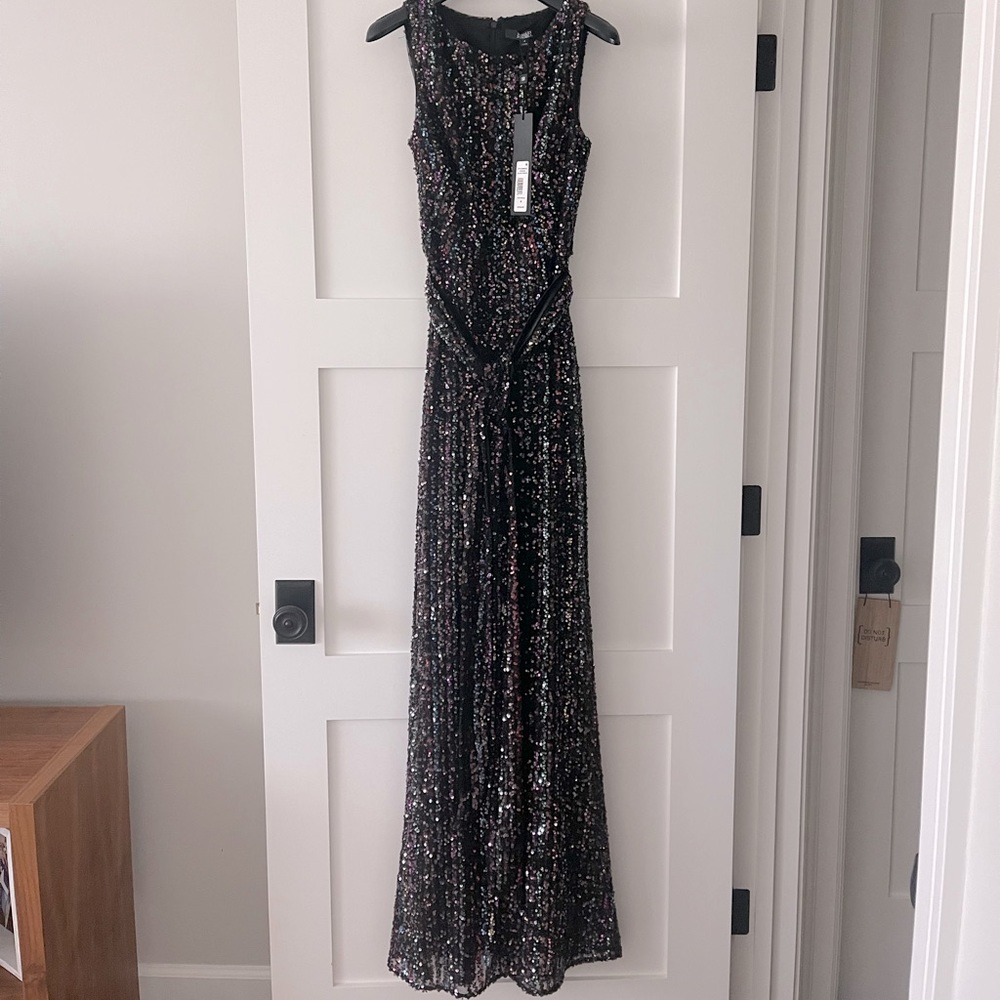 NWT Badgley Mischka Shimmering Stripe Sequin Gown, 2021 Holiday Collection